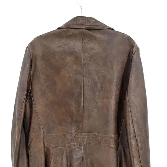 70s Leather Jacket Mottled Crackle Brown Duster Blazer Button Hippy Streetwear L - Picture 11 of 14